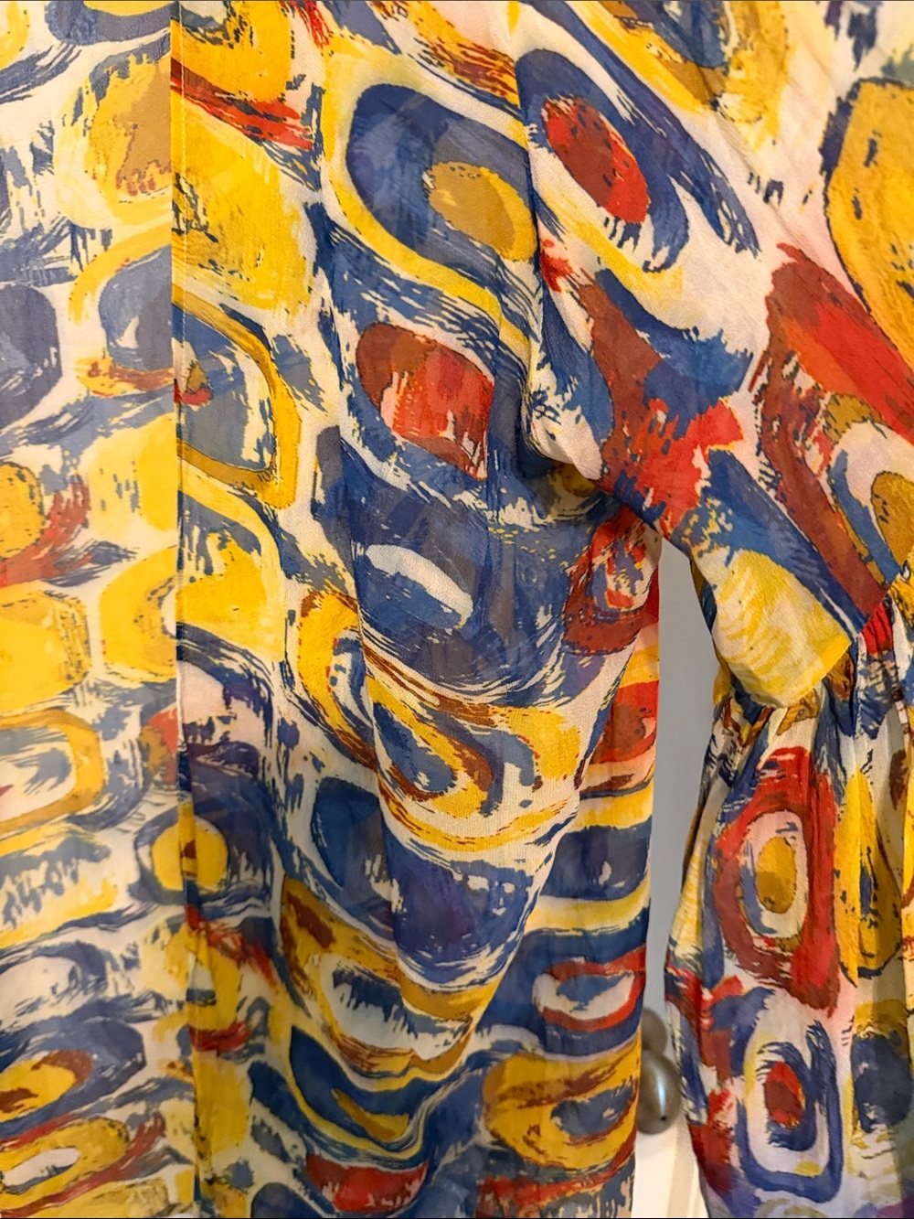 Shana Open-Front Abstract Art to Wear Print Kimono - Yellow Blue Red Resortwear - Picture 10 of 11